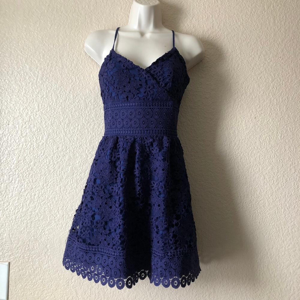 New J.O.A. Just One Answer ANTHROPOLOGIE Lace Babydoll A-Line Mini Dress S Blue